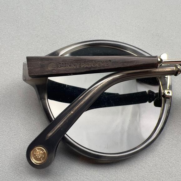 Sunny Patoche Round Sunglasses Gray Frame Wood Arms Unisex Retro - Picture 7 of 7